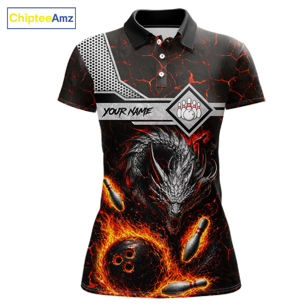 Personalized fire flame dragon bowling team jersey polo shirt for women featuring a fierce fire dragon design, premium custom bowling league apparel for tournaments, league nights and competitive bowling teams.