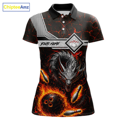 Personalized fire flame dragon bowling team jersey polo shirt for women featuring a fierce fire dragon design, premium custom bowling league apparel for tournaments, league nights and competitive bowling teams.