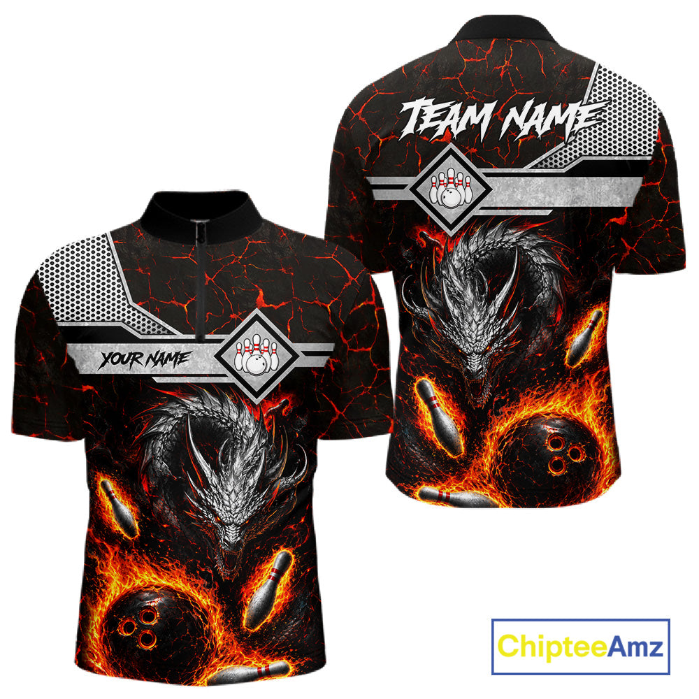 Personalized fire flame dragon bowling team jersey quarter zip shirt for men featuring blazing fire dragon artwork, premium custom bowling league apparel for tournaments and league play.