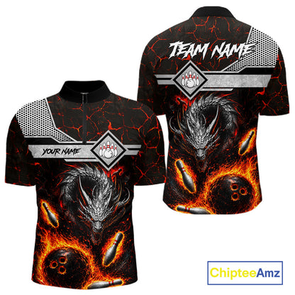 Personalized fire flame dragon bowling team jersey quarter zip shirt for men featuring blazing fire dragon artwork, premium custom bowling league apparel for tournaments and league play.