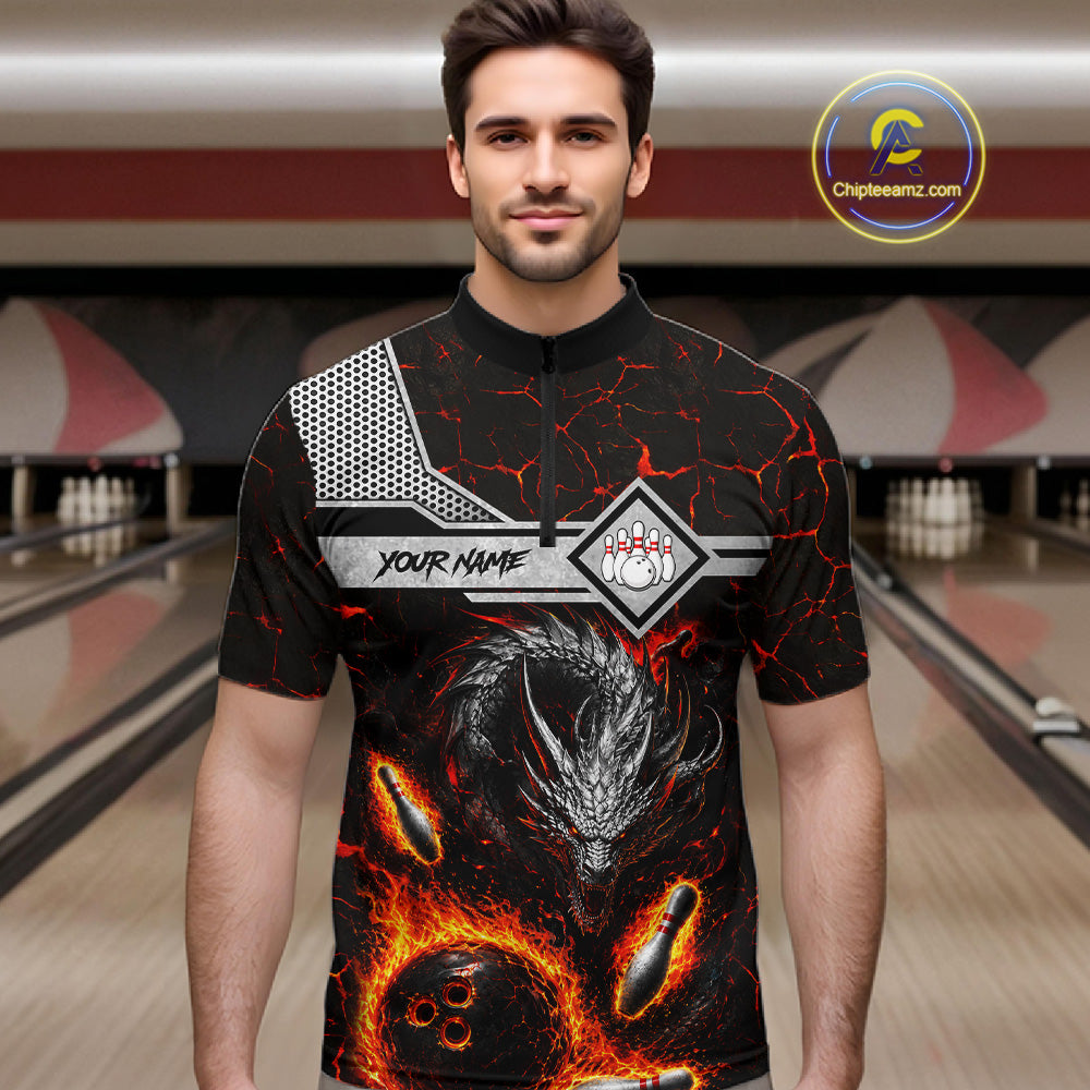 Man wearing personalized fire flame dragon bowling team jersey quarter zip shirt featuring blazing fire dragon artwork, front view.