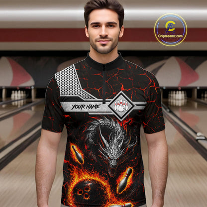 Man wearing personalized fire flame dragon bowling team jersey quarter zip shirt featuring blazing fire dragon artwork, front view.
