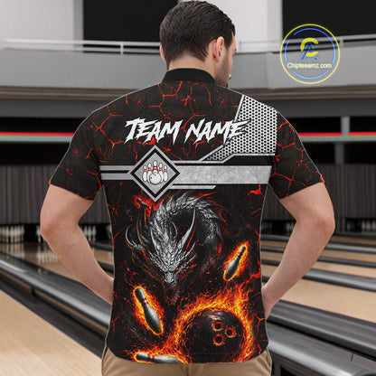 Man wearing personalized fire flame dragon bowling team jersey quarter zip shirt featuring blazing fire dragon artwork, back view.
