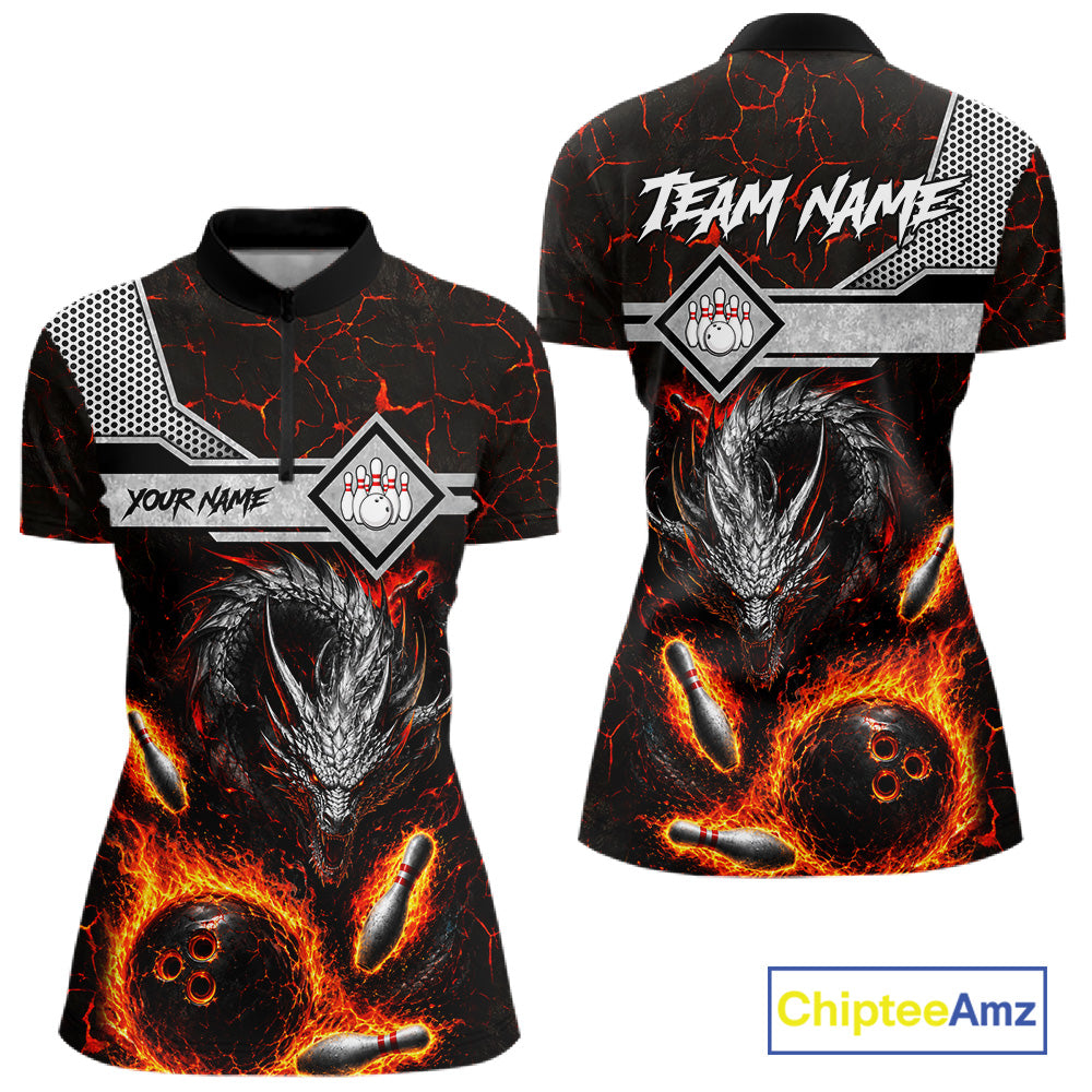 Personalized fire flame dragon bowling team jersey quarter zip shirt for women featuring blazing fire dragon artwork, premium custom bowling league apparel for tournaments and league play.