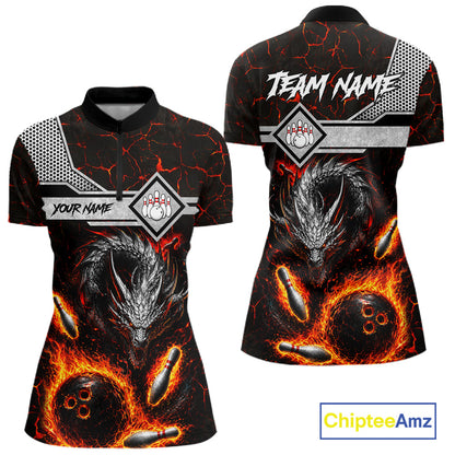 Personalized fire flame dragon bowling team jersey quarter zip shirt for women featuring blazing fire dragon artwork, premium custom bowling league apparel for tournaments and league play.