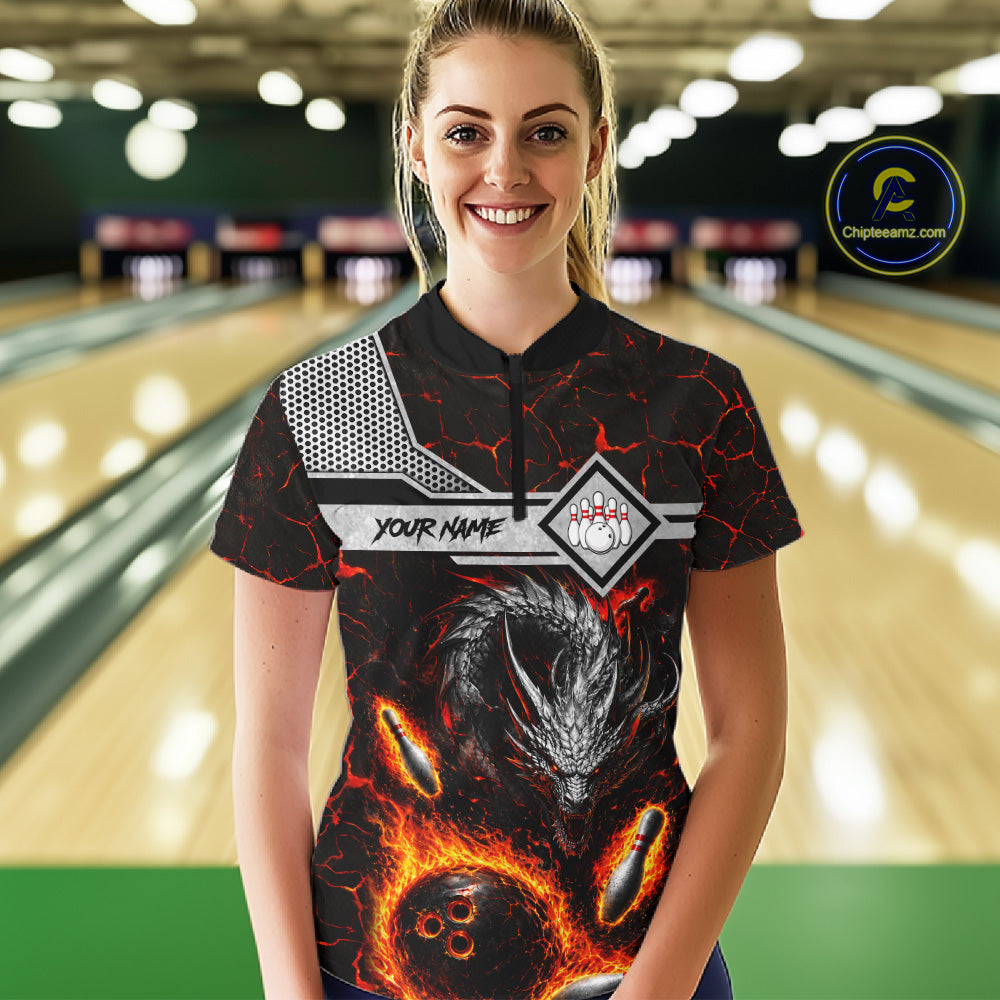 Woman wearing personalized fire flame dragon bowling team jersey polo shirt featuring blazing fire dragon artwork, back view.