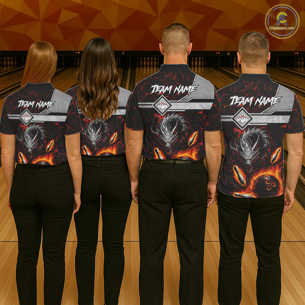 Bowling team wearing matching personalized fire flame dragon bowling team jerseys featuring premium fire dragon artwork, back view.