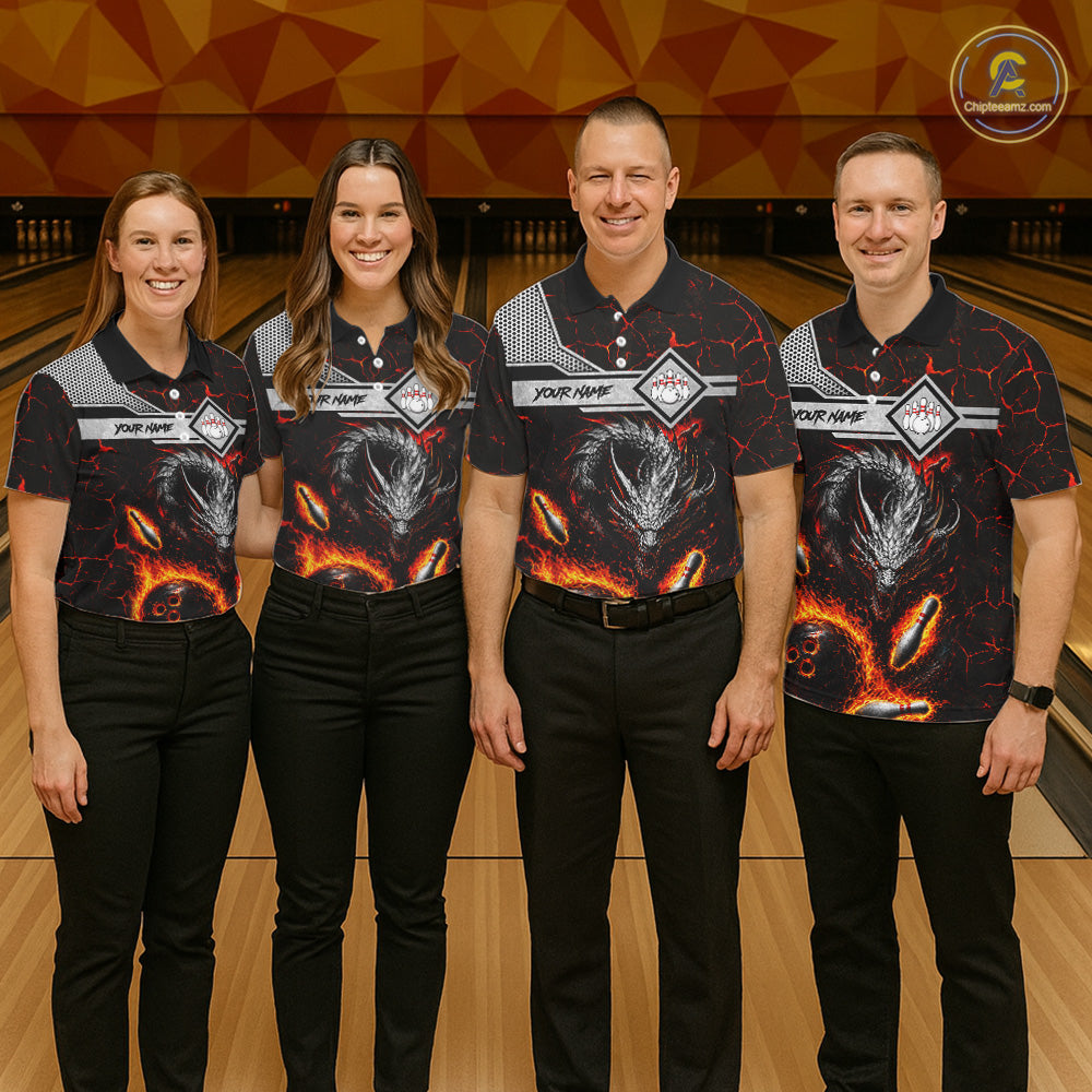 Bowling team wearing matching personalized fire flame dragon bowling team jerseys featuring premium fire dragon artwork, front view.