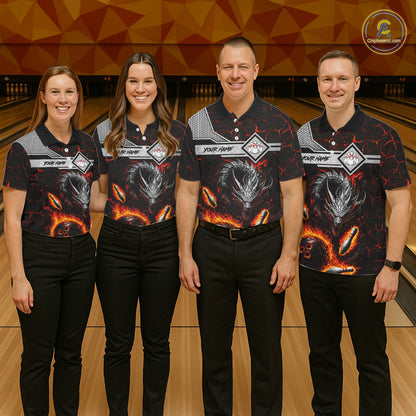 Bowling team wearing matching personalized fire flame dragon bowling team jerseys featuring premium fire dragon artwork, front view.