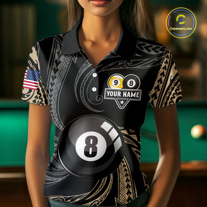 Personalized 8 Ball 9 Ball Tribal Billiard Shirt For Women Custom Pool Team Jersey Polo & 1/4 Zip TDM6335