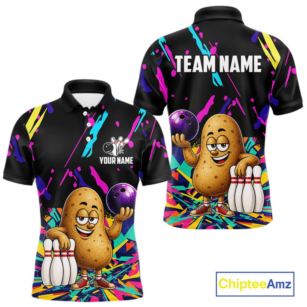 Colorful potato bowling polo shirt for men with funny custom bowling team graphics.