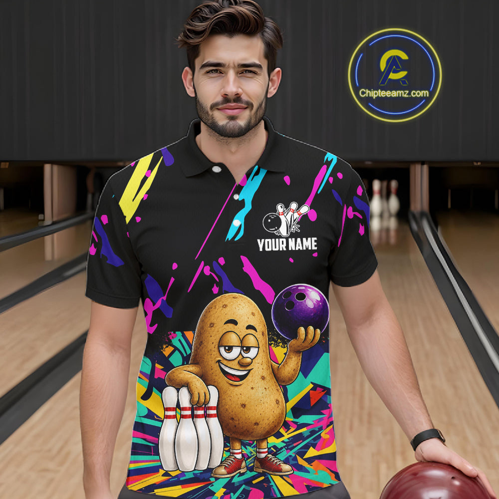 Man wearing a colorful potato bowling polo shirt at a bowling alley front view.