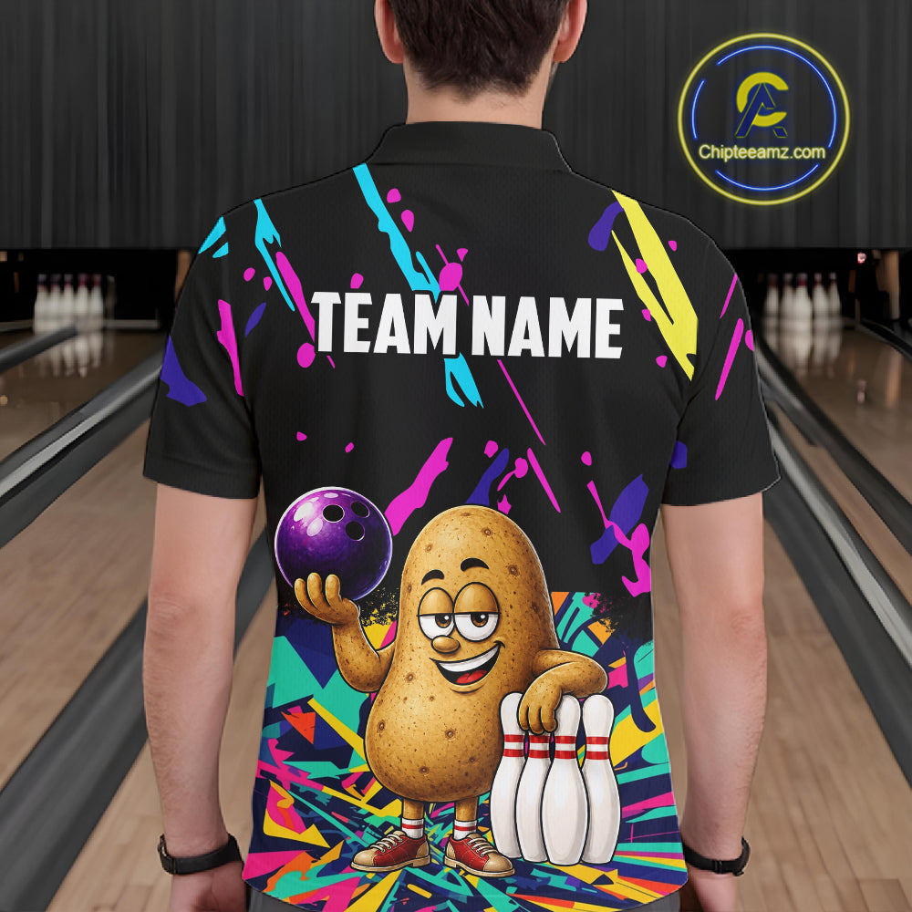 Back view of man wearing a colorful potato bowling polo shirt inside a bowling alley.