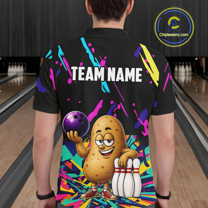 Back view of man wearing a colorful potato bowling polo shirt inside a bowling alley.