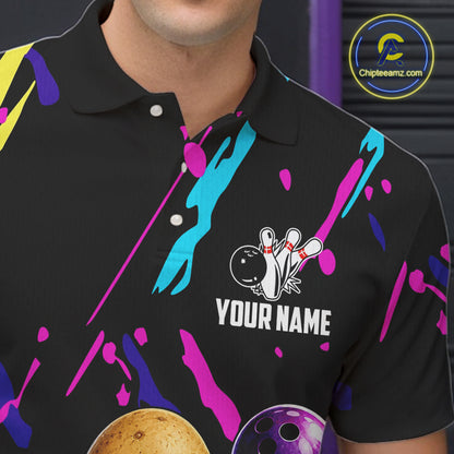 Close-up of a colorful potato bowling polo shirt collar, buttons, and potato artwork.
