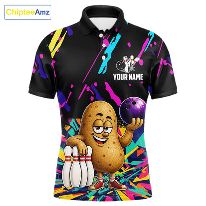 Colorful potato bowling polo shirt for men with funny custom bowling team graphics.
