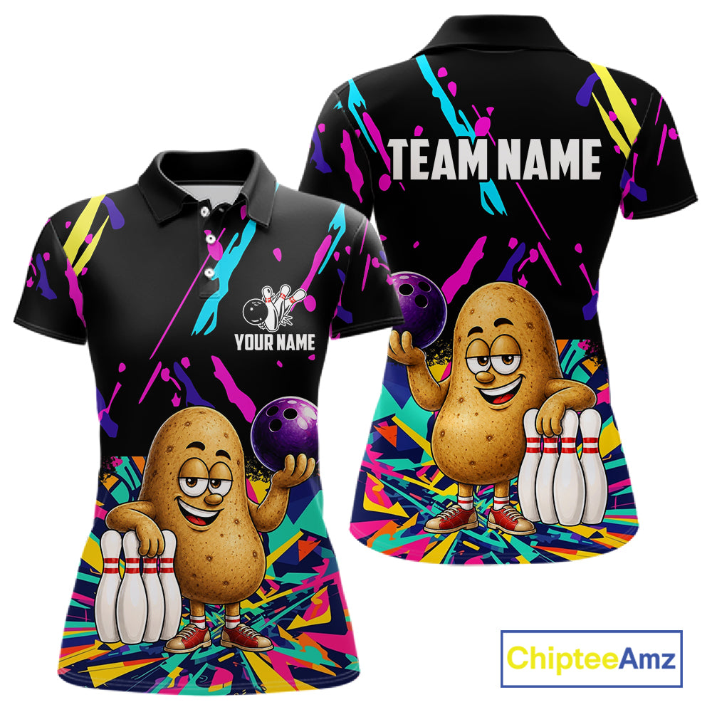 Colorful potato bowling polo shirt for women with funny custom bowling team graphics.