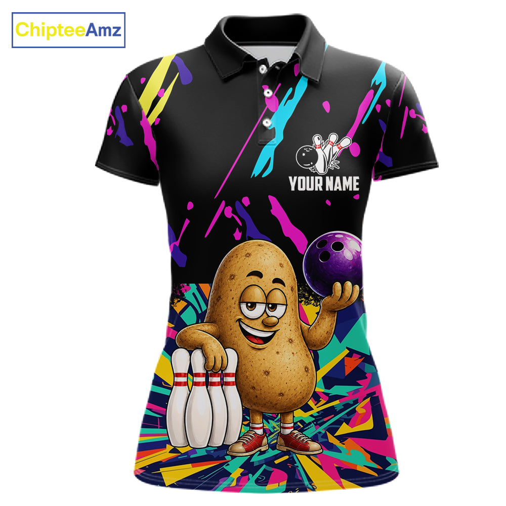 Colorful potato bowling polo shirt for women with funny custom bowling team graphics.