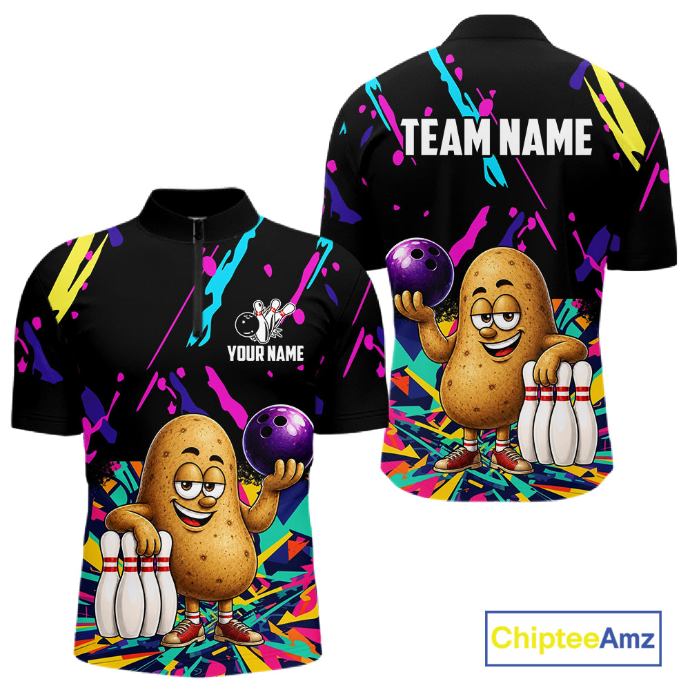 Colorful potato bowling quarter zip shirt for men designed for league tournaments and team events.