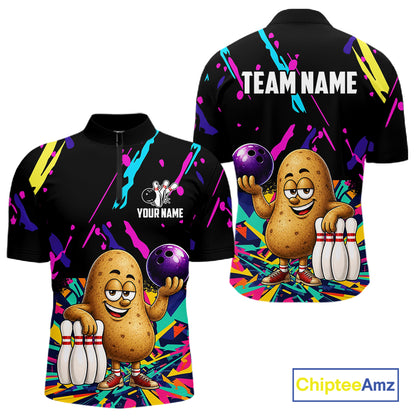 Colorful potato bowling quarter zip shirt for men designed for league tournaments and team events.