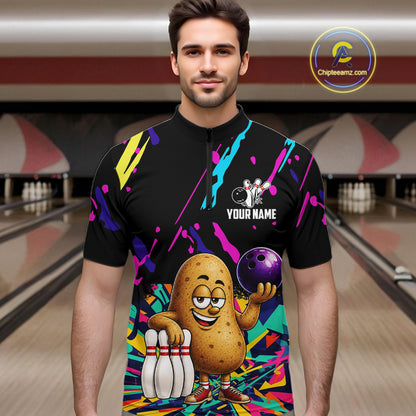 Man wearing a colorful potato bowling quarter zip jersey during league competition front view.