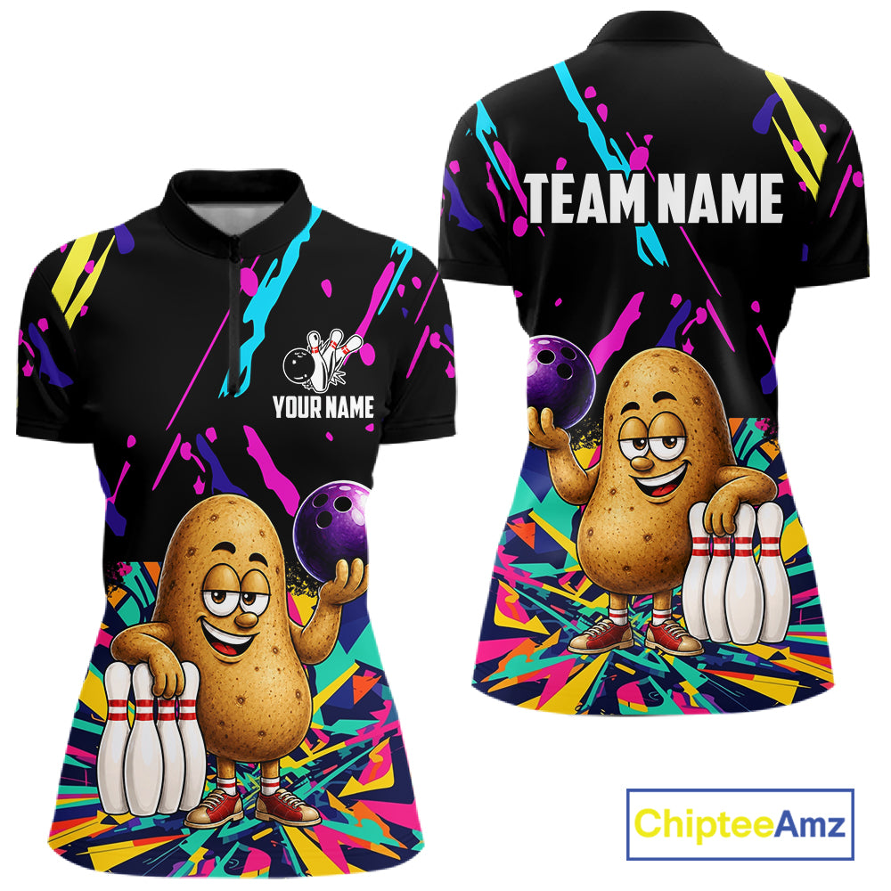 Colorful potato bowling quarter zip shirt for women designed for league tournaments and team events.