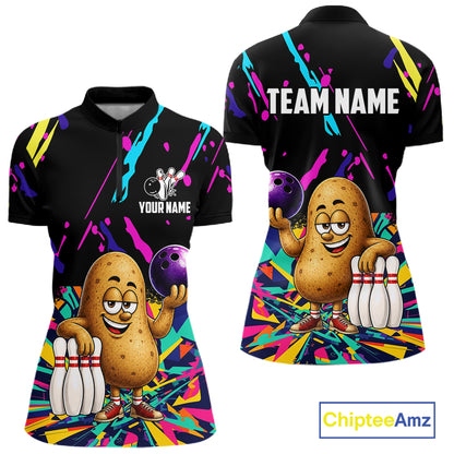 Colorful potato bowling quarter zip shirt for women designed for league tournaments and team events.