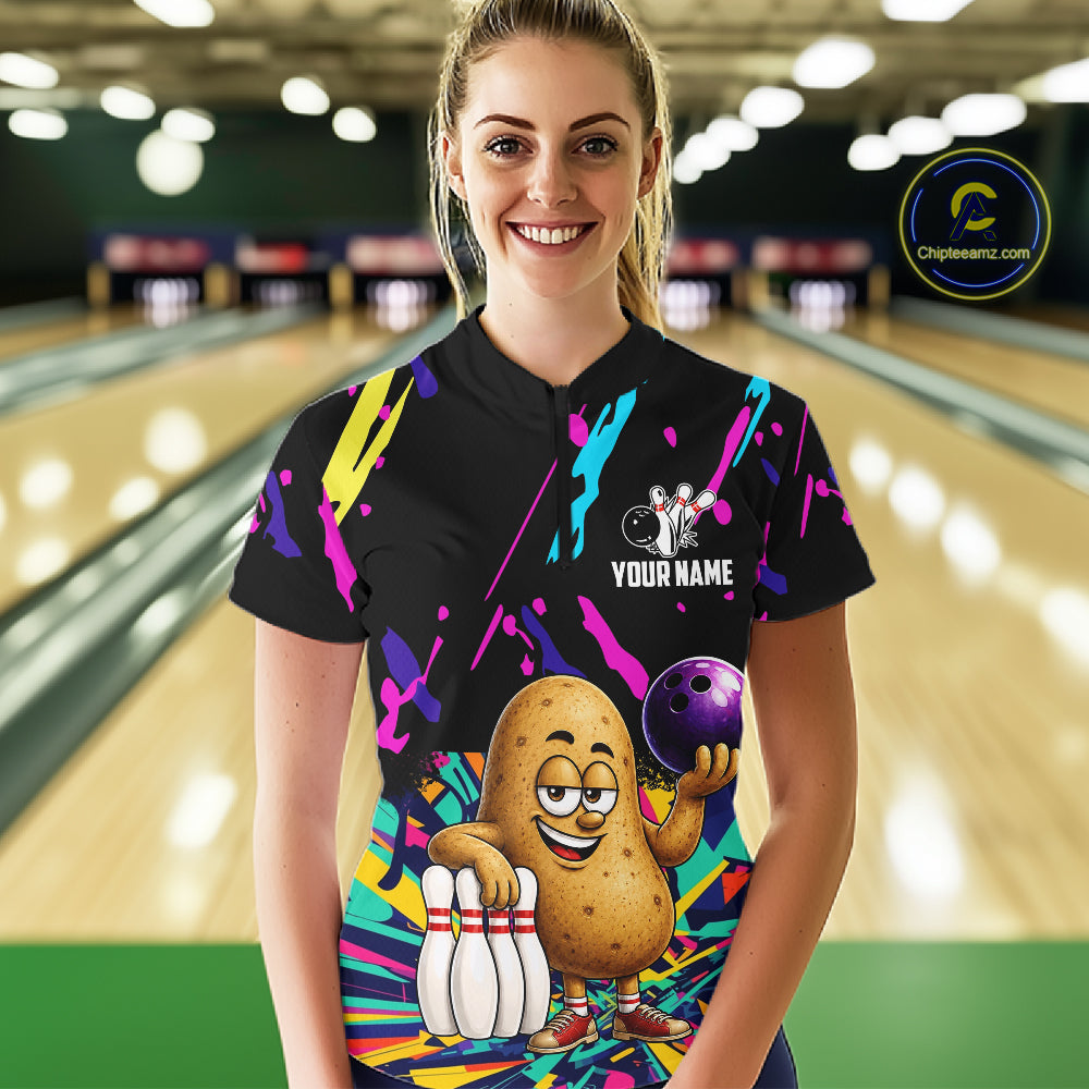 Woman wearing a colorful potato bowling quarter zip jersey during league competition front view.