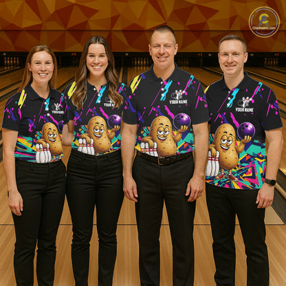 Bowling team wearing matching colorful potato bowling jerseys during tournament matches front view.