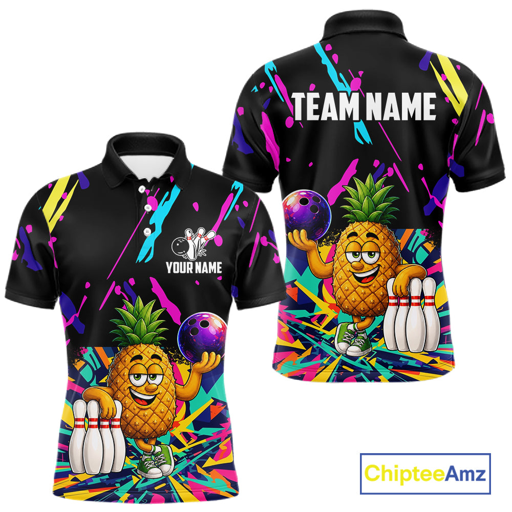 Colorful pineapple bowling polo shirt for men with tropical custom bowling team graphics.