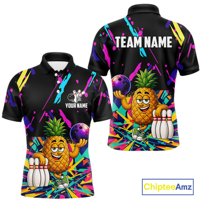 Colorful pineapple bowling polo shirt for men with tropical custom bowling team graphics.