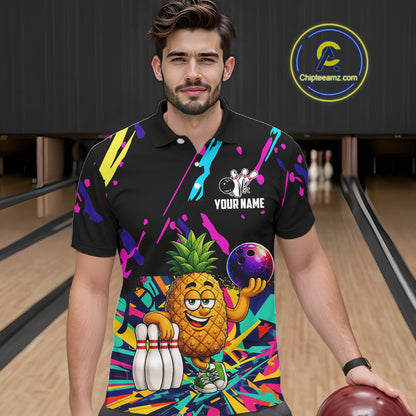 Man wearing a colorful pineapple bowling polo shirt at a bowling alley front view.