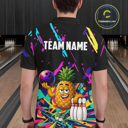 Back view of man wearing a colorful pineapple bowling polo shirt inside a bowling alley.