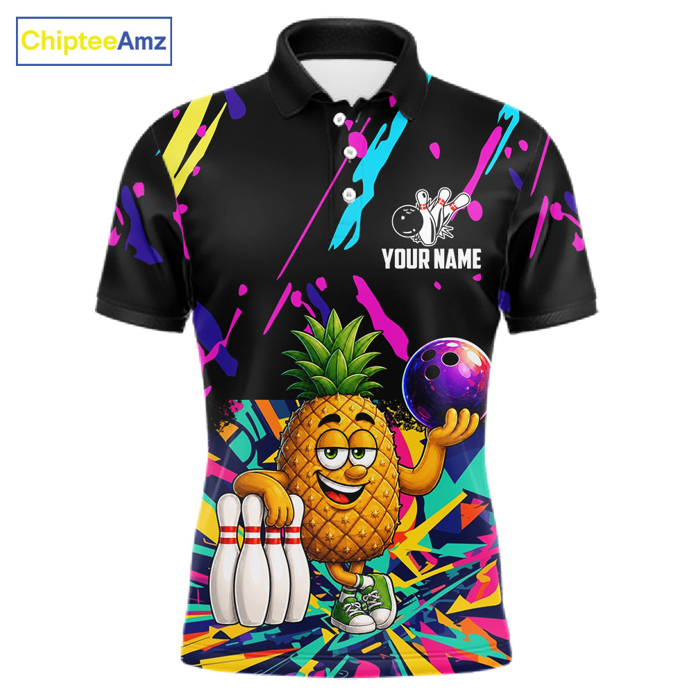 Colorful pineapple bowling polo shirt for men with tropical custom bowling team graphics.
