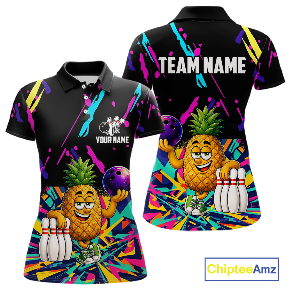 Colorful pineapple bowling polo shirt for women with tropical custom bowling team graphics.