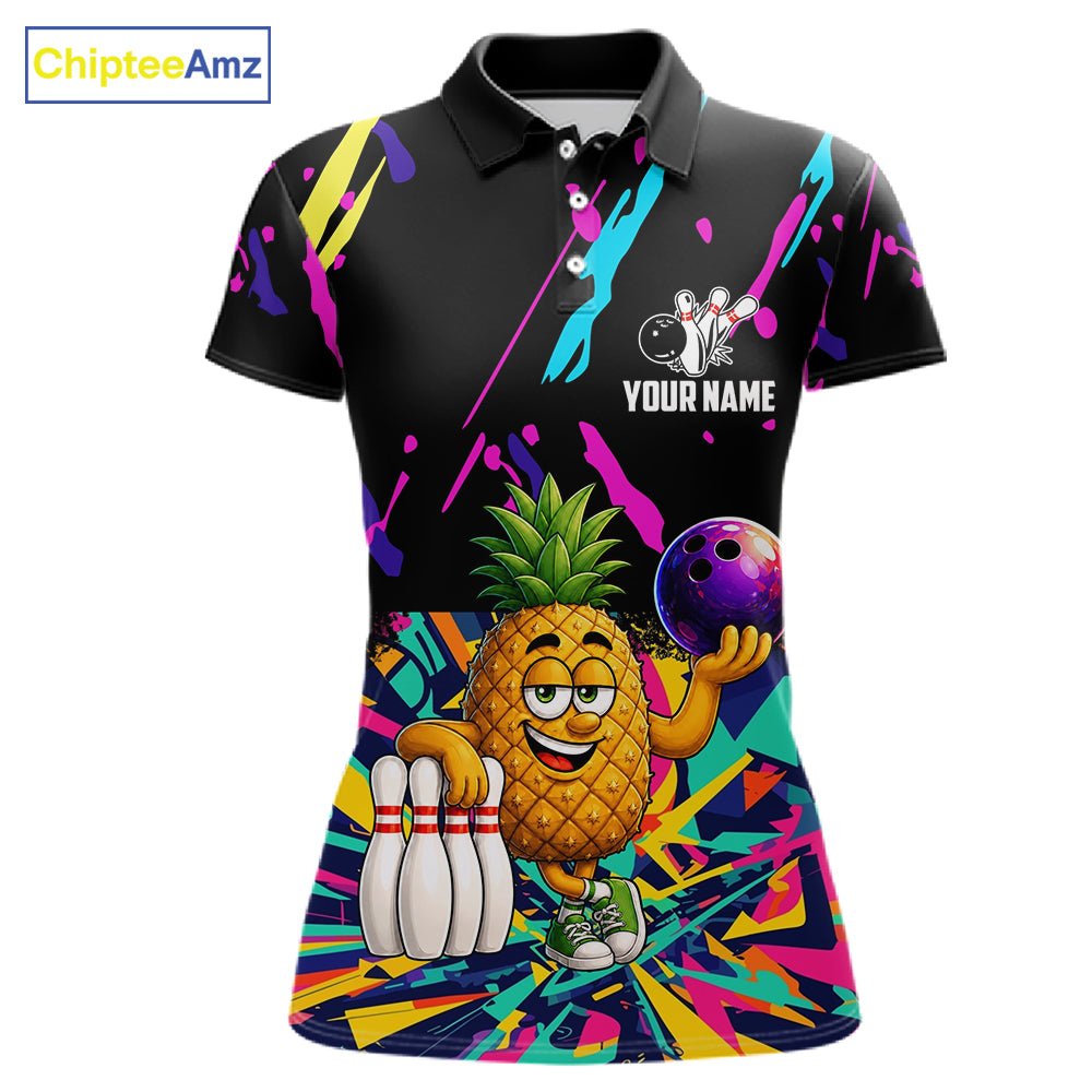 Colorful pineapple bowling polo shirt for women with tropical custom bowling team graphics.