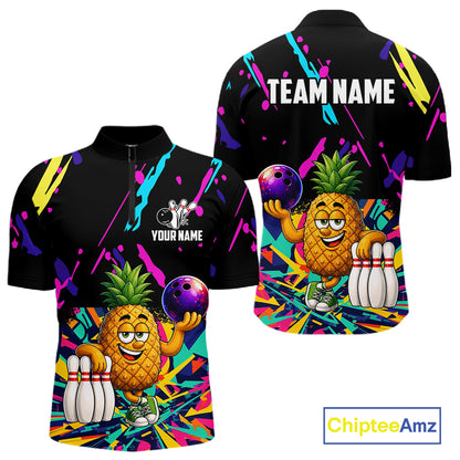 Colorful pineapple bowling quarter zip shirt for men designed for league tournaments and team events.