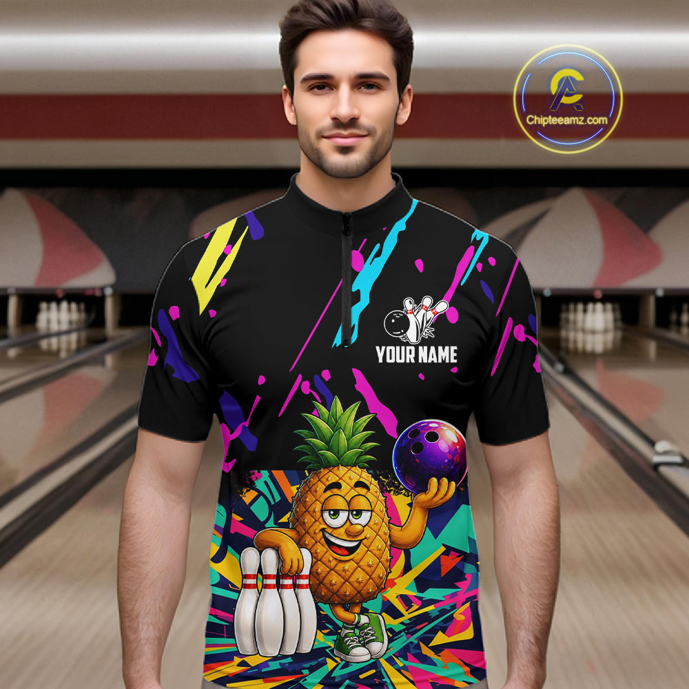 Man wearing a colorful pineapple bowling quarter zip jersey during league competition front view.