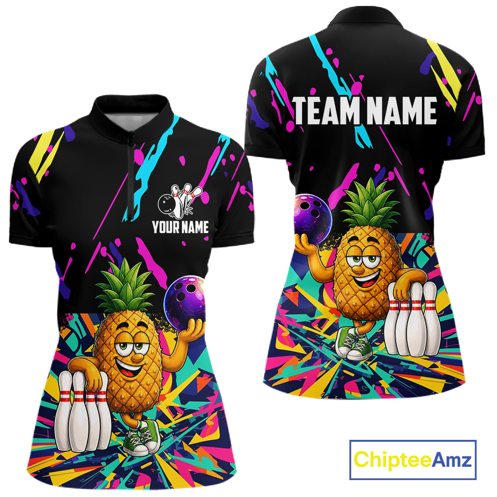 Colorful pineapple bowling quarter zip shirt for women designed for league tournaments and team events.