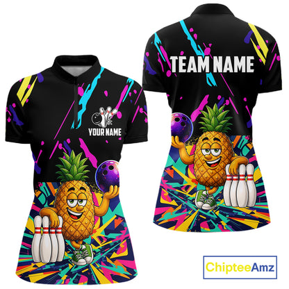 Colorful pineapple bowling quarter zip shirt for women designed for league tournaments and team events.