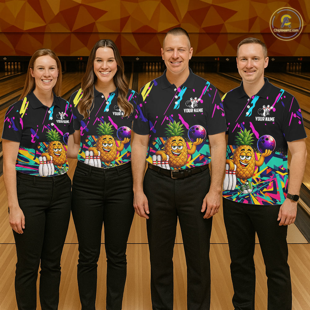 Bowling team wearing matching colorful pineapple bowling jerseys during tournament matches front view.