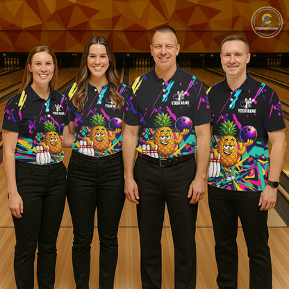 Bowling team wearing matching colorful pineapple bowling jerseys during tournament matches front view.