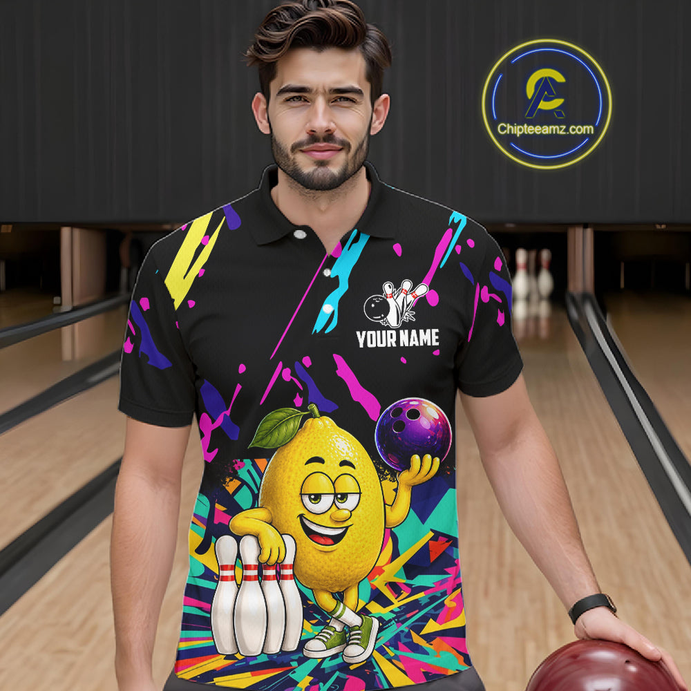 Man wearing a colorful lemon bowling polo shirt at a bowling alley front view.