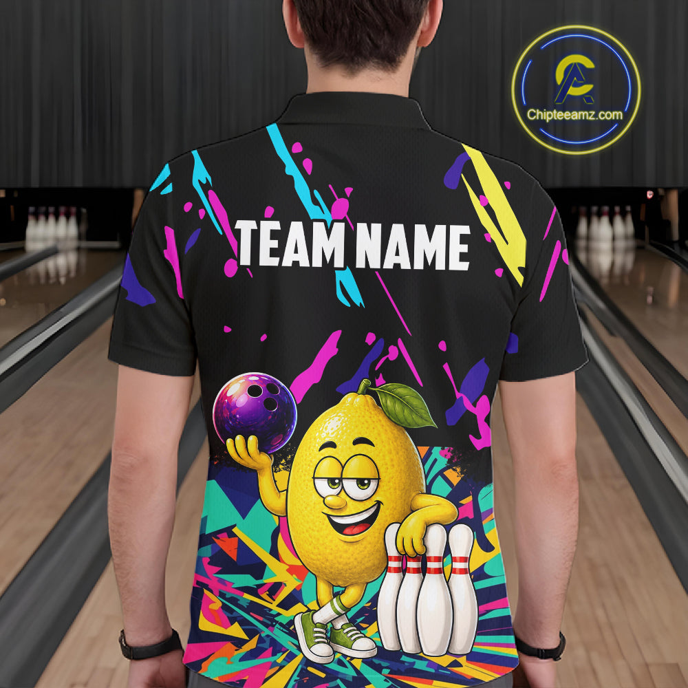 Back view of man wearing a colorful lemon bowling polo shirt inside a bowling alley.