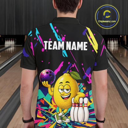 Back view of man wearing a colorful lemon bowling polo shirt inside a bowling alley.