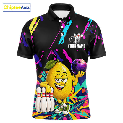 Colorful lemon bowling polo shirt for men with vibrant custom bowling team graphics.