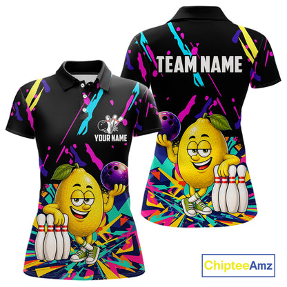 Colorful lemon bowling polo shirt for women with vibrant custom bowling team graphics.