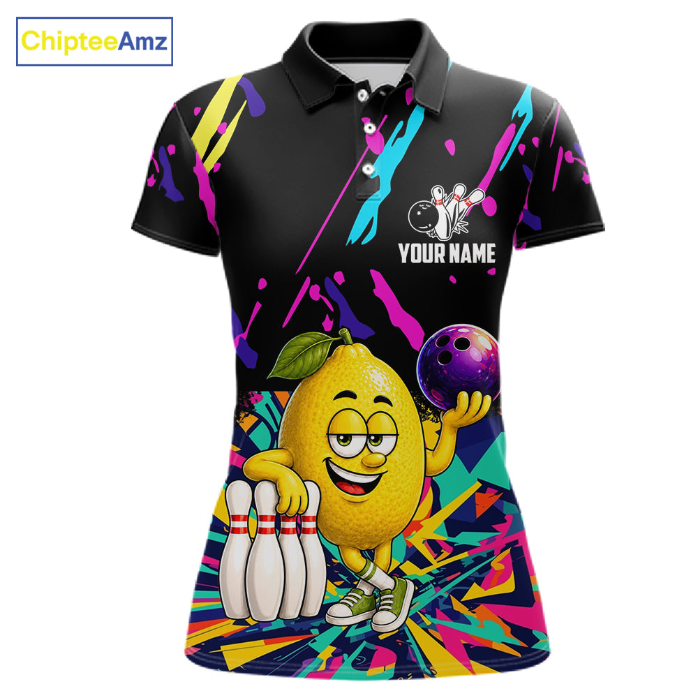 Colorful lemon bowling polo shirt for women with vibrant custom bowling team graphics.