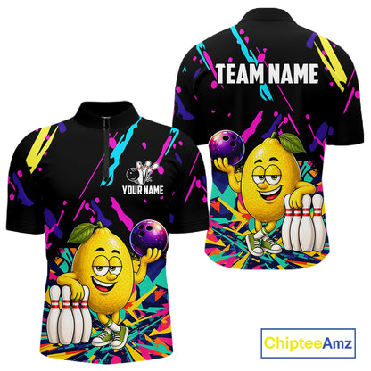Colorful lemon bowling quarter zip shirt for men designed for league tournaments and team events.