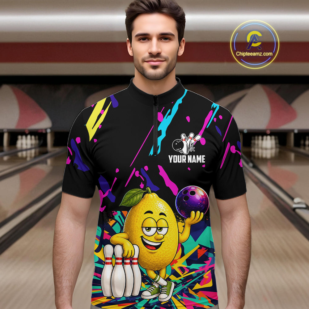Man wearing a colorful lemon bowling quarter zip jersey during league competition front view.